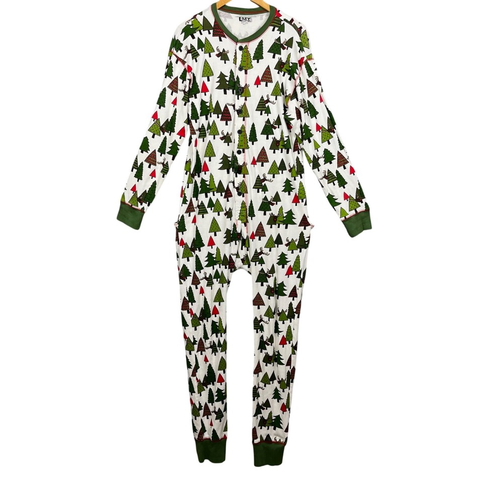 Lazy One Flap Jack Mens Butt Flap Pajamas Christmas Moose Trees 100% Cotton